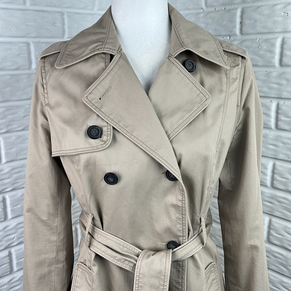 AMERICAN EAGLE OUTFITTERS TRENCH COAT TAN WITH STRIPES 100% Cotton Size Medium - Picture 2 of 16